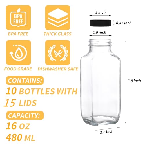 Benestanti 10 Pack 16oz Glass Juice Bottles with Lids - Reusable Juicing Bottles Glass Drinking Jars Containers with Airtight Lids & Cleaning Brush - Perfect for Juicing,Milk,Kombucha, and Storage