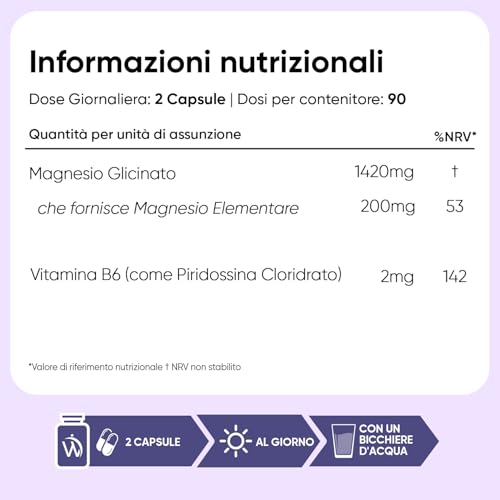 Magnesio Bisglicinato Vitamina B6, 1420mg di cui 200mg Magnesio Elementale (Dose) Senza Magnesio Stearato, 180 Capsule Vegan Magnesio Glicinato (Magnesium Glycinate) Bisglicinato Magnesio B6 Vitamina - 5