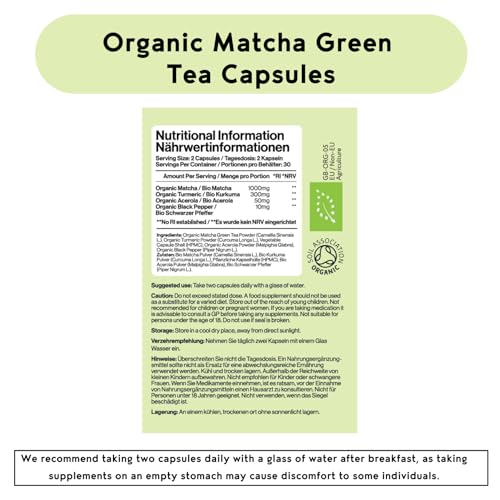 Green Tea Extract Capsules - Organic Matcha Green Tea Tablets - Boosted with Turmeric, Acerola Cherry & Black Pepper - 1360MG Complex - Green Tea Supplement - 60 Capsules - UK Made - Image 4