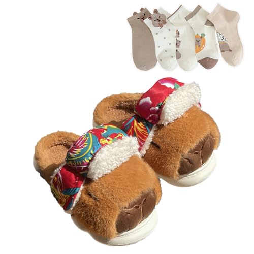 Capybara Slippers for Women With 5 Pcs Cute Socks Plush Funny Cartoon Slide Sandals Indoor Outdoor Cozy House Shoes