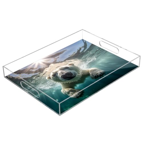 IOACIY Clear Serving Tray 12x16 Inches Acrylic Decorative Tray Organiser for Ottoman Coffee Table Countertop with Handles, Bear Underwater