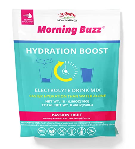Morning Buzz Hydration Boost, Electrolyte Powder Drink Mix, Passion Fruit Easy Open Single-Serving Stick, 15 Sticks #TOP6