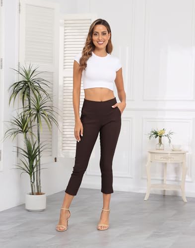 Image of HDE Pull On Capri Pant for Women w /Pockets Elastic Waist Cropped Work Pant | Comfortable Pull On Waist, Tailored Fit with Cuff, Stretchy Summer Office Pants, 24.25 inch Inseam, Professional Dress Capris