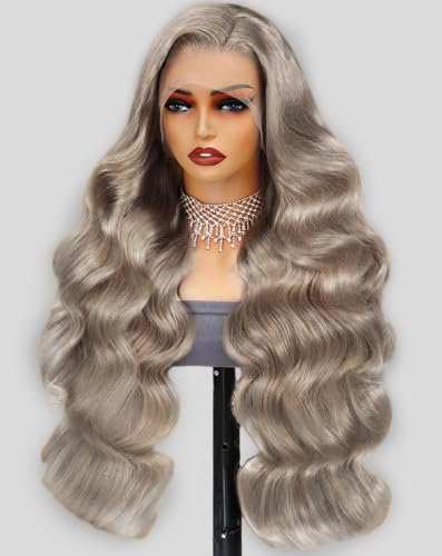 Stybee 30 Inch Ash Blonde Wig Human Hair 13x6 200% Density Body Wave Milk Tea Ash Blonde Lace Front Wig Human Hair 100% Real Human Hair Tiny Knots Free Tangle No Synthetics Blend Lifespan 3X
