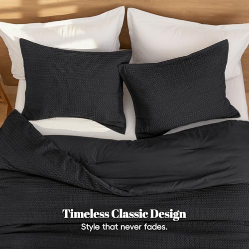Image of PHF Soft Waffle Comforter Set King Size- Comfy Breathable Waffle Weave Comforter with 2 Pillow Shams, 3 Pieces Less Snagging Lightweight Textured Bedding Set for All Season, Black