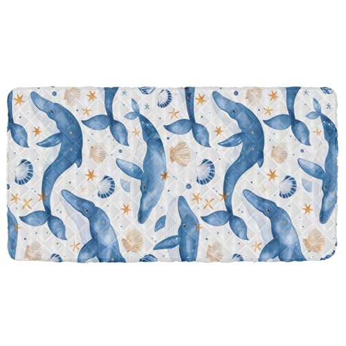Portable Toddler Bed Sheet for Kids Blue Whales with Seashells and Stars Travel Bed Fitted Sheet