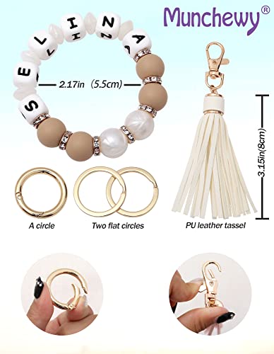 Munchewy Silicone Bead Keychain Bracelet Wristlet Personalized Name, Women's Key Ring Holder With Tassel(Turquoise/Marble) #TOP2