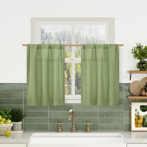 Image of LAMIT Linen Curtains 24 Inch Length for Kitchen Cafe, 2 Panels, Sage Green