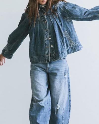 Womens Cropped Denim Jacket Long Sleeve Collared Button Down Pleated Jean Jckets with Pockets3