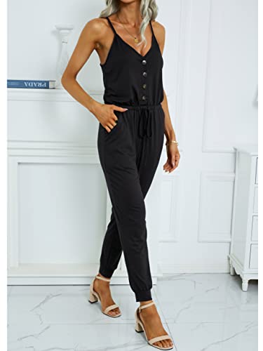 Adibosy Women V Neck Jumpsuits Strap Sleeveless Summer Rompers With Pockets Button Black S #TOP1
