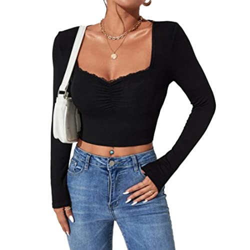 Image of GLARE & BLAIR Sweetheart Neck Lace Trim Long Sleeve Regular Fit Ribbed Tops for Women