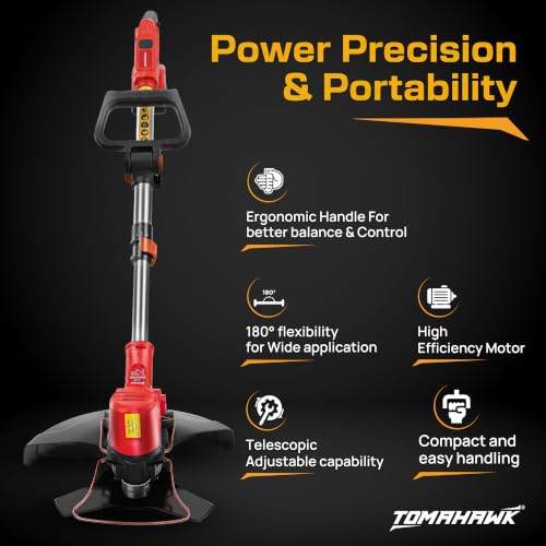 Image of Tomahawk PBC-4200 20V Cordless Brush Cutter, 100% Copper Motor, 3.0Ah x 2 Batteries, Digital Battery Indicator, Adjustable Length Shaft, 400mm Cutting Width | Weed Trimmer with Blade & Rope Attachment