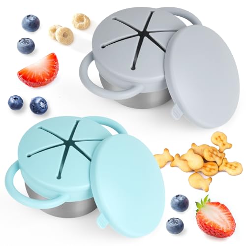 Image of Daximo 2 Pack Snack Cups for Toddlers Spill Proof - Detachable Stainless Steel Toddler Snack Cups with Silicone Lids & Handles - Dishwasher Safe Baby Snack Containers (Light blue and Light grey)