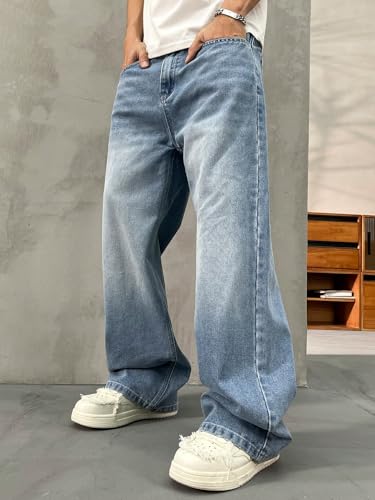 Image of Lymio Jeans for Men | Loose Fit Baggy Denim Pants | Mens Stylish Light Blue Wide Leg Vintage Washed Trousers | Casual Button Front Classic Pocket Styling Comfortable Streetwear Pant (LU-76-77)