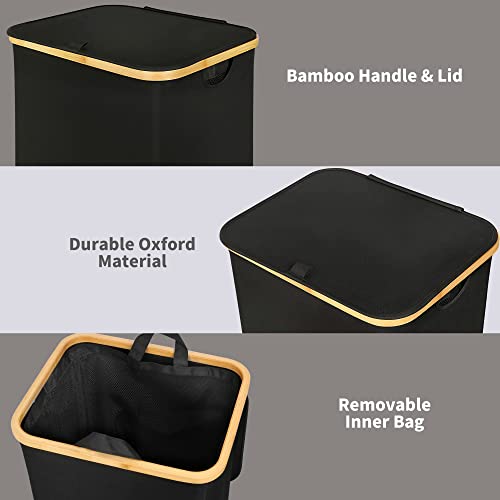 Efluky Large Laundry Basket With Lid, 100L Tall Laundry Basket With Bamboo Handles For Clothes And Toys Storage, Freestanding Collapsible Laundry Hamper With Inner Bag For Bedroom And Bathroom, Black #TOP4