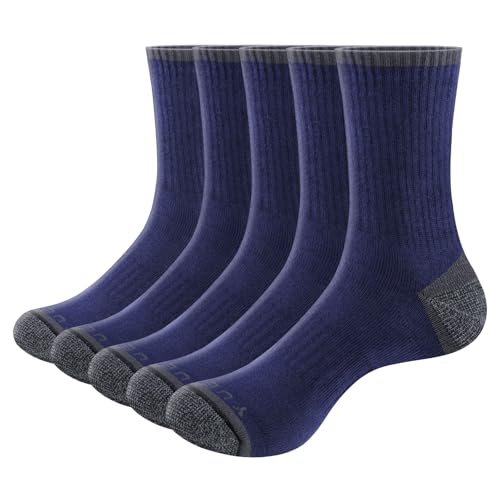 Image of YUEDGE Mens Navy Blue Cotton Crew Socks, Moisture Wicking Comfort Work Socks, Terry Cushioned Athletic Sports Socks For Gym Golf Tennis Walking, Size 6-10, Multipack, 5 Pairs