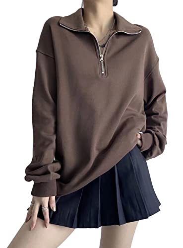 Hotmiss Womens Oversized Half Zip Pullover Long Sleeve Sweatshirt Quarter Zip Hoodie Sweater Teen Girls Fall Y2K Clothes Brown