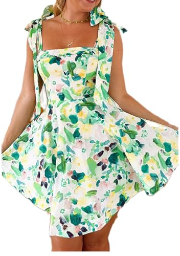 Image of Women Floral Tie Shoulder Mini Dress Cute Square Neck Loose Fit Beach Short Dress Backless Boho Vocation Sundress