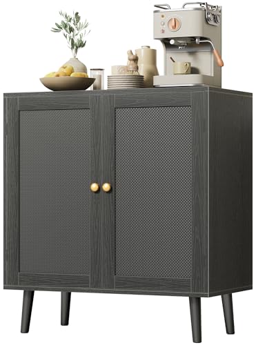 Image of Huuger Buffet Cabinet with Storage, Storage Cabinet with PE Rattan Decor Doors, Accent Sideboard Buffet with Solid Wood Feet, for Hallway, Entry, Living Room, All Black