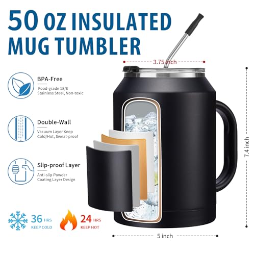 Image of Insulated Coffee Mug 50 oz Tumbler with Handle - Metal Straws, Wide Mouth Leak-proof BPA-Free Stainless Steel Coffee Cup, Insulated Tumbler Big Travel Thermal Flask Water Bottles Keep Cold 36 Hrs