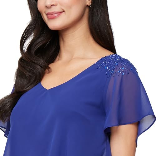 Image of S.L. Fashions Women's V-Neck Chiffon Cocktail Dress with Beaded Shoulders and Asymmetrical Tiers (Petite and Regular Sizes)