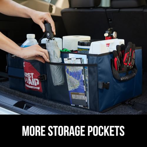 Image of GORILLA GRIP Trunk Organizer for SUV and Cars, Large Capacity, Blue | Heavy Duty Car Trunk Storage Organizer, Collapsible, SUV Accessories, Slip and Water Resistant, Multi Compartment Storage