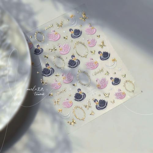 Image of Swan Nail Art Sticker Decals Black Pink Nails Decals with Golden Border Design Small Gold Butterfly Nails Stickers for Women Girls 5D Embossed Self Adhesive Manicure Charms DIY Decoration