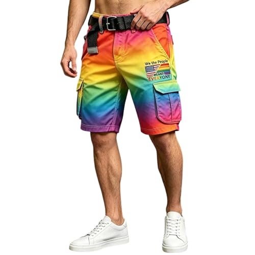 Mens Pride Month Cargo Shorts Relaxed Fit Rainbow Print Shorts Multi Pocket Summer Casual American Flag Short Pants