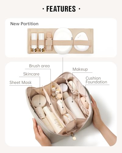 Image of EACHY Travel Makeup Bag, Large Capacity Cosmetic Bag for Women, Waterproof PU Leather, Flat Open Portable Toiletry Bag for Skincare, Brushes & Travel Essentials