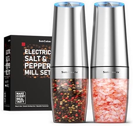 SimCoker Electric Salt and Pepper Grinder Set Battery Operated, Adjustable Coarseness with LED Light Follow, One Hand Operation, Stainless Steel Silver,2 Pack…