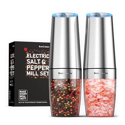 Simcoker Electric Salt And Pepper Grinder Set Battery Operated, Adjustable Coarseness With Led Light Follow, One Hand Operation, Stainless Steel Silver,2 Pack… #TOP27