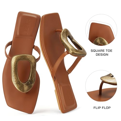 Image of PARTY Square Toe Flip Flops Women,Fashion Designer Thong Sandals with Gold Buckle Trendy Summer Comfort Flat Sandals