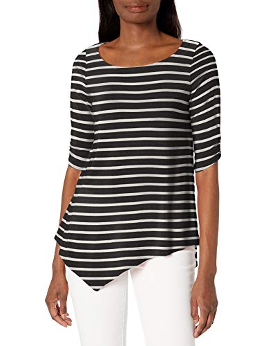 Star Vixen womens Star Vixen Women's Hanky Hem Top, Elbow Sleeve With Cinch Detail Blouse, Black/Ivory Stripe, 2X US