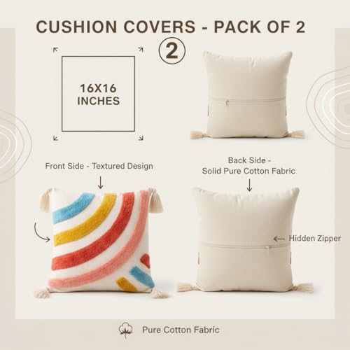 Image of COZY FURNISH Decorative Throw Pillow Covers 16x16 Inch Pack of 2 - Premium Boho Cushion Covers for Couch, Sofa, Bed, Living Room & Bedroom Home Decor (Multicolor)