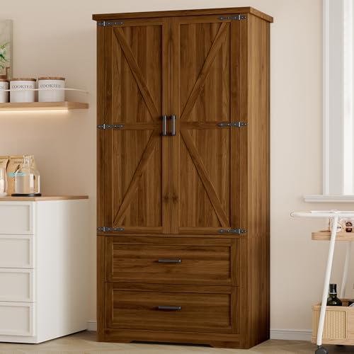 Image of BORNOON Pantry Organizers and Storage Cabinet, 71 inch Barn Door White Kitchen Cabinet with Drawers and Adjustable Shelf, Tall Pantry for Kitchen, Dining Room, Living Room. Bathroom and Office