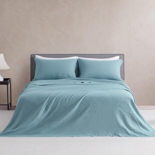DAPU Pure Linen Sheets Set, 100% French Linen from Normandy, Breathable and Durable for Hot Sleepers, 4 Pcs Set - 1 Flat Sheet, 1 Fitted Sheet, 2 Pillowcases (Ocean, King)