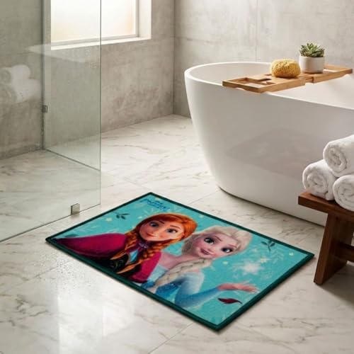 Image of Athom Living Disney Frozen Sister Anna & Elsa Printed Themed Multi Colored Kids Premium Nylon Bathmat, with Latex Backing, Anti-Slip Bathmat, 37 x 57 cm, Pack of 1