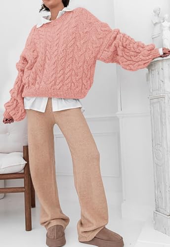 PRETTYGARDEN Womens Sweaters Spring 2026 Cable Knit Long Sleeve Crewneck Oversized Sweater Chunky Pullover Loose Outfits (Dark Pink, Large) — view 6