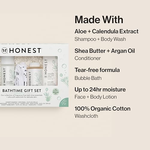 the honest company fragrance free bathtime gift set  hypoallergenic bath essentials for sensitive skin  shampoo  body wash face  body lotion bubble bath conditioner wash cloth