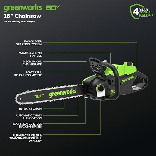 Image of Greenworks 80V 16 inch Brushless Cordless Chainsaw (Great For Tree Felling, Limbing, Pruning, and Firewood), 75+ Compatible Tools, 2.5Ah Battery and Charger Included