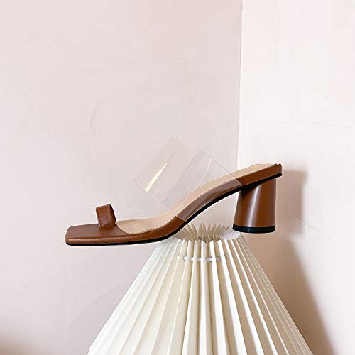 Lehoor Women Flip-Flops Mules Chunky Heels Thong Sandals Transparent Square Open Toe Slippers Slip On Pvc Summer Shoes Brown Size 7 #TOP2