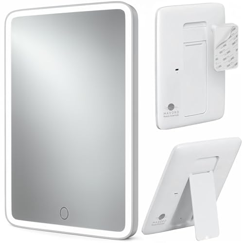 Mavoro Specchio da viaggio LED 17.5 x 22.5 cm ricaricabile | Piccolo specchio murale adesivo | Montaggio Peel & Stick illuminato | Vetro reale con sensore touch, base