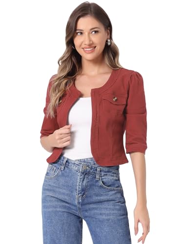 Veste courte en jean sans col Allegra K pour femme avec manches 3/4