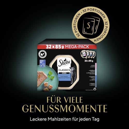 Sheba Classics in Pastete- Feinstes Katzennassfutter in der Schale - Fisch Variation (MSC) mit Lachs, Weißfisch, Thunfisch und Kabeljau - 32 x 85g