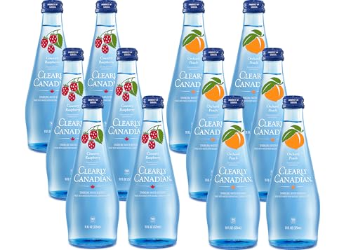 Image of Clearly Canadian Sparkling Flavored Water, 11 oz Glass Bottles - Variety of Refreshing Flavors, Premium Carbonated Beverage, Available in 12-Pack and 24-Pack Options (12 Pack, Raspberry /Peach)
