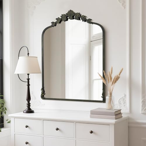 Image of WallBeyond Black Antique Mirror for Vanity 28x36 Inch, Black Vintage Mirror with Ornate Frame, Arched Vintage Wall for Bathroom, Living Room, Fireplace