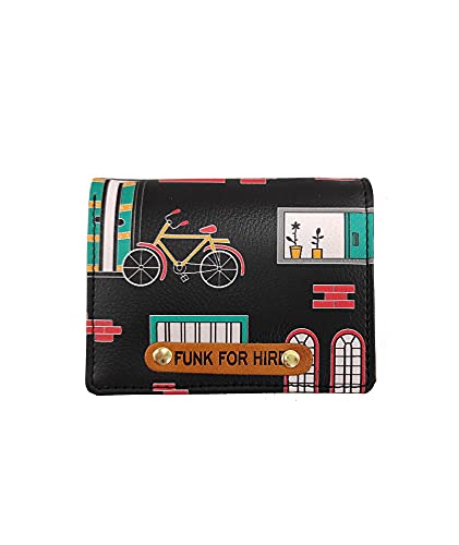 Image of Funk For Hire Black Faux Leather Unisex Mini Card Holder Wallet Bifold Slim Compact Wallet with 6 Card Slots Cash Compartment and Zippered Coin Pouch Casual Stylish
