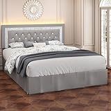 Torana Queen LED Bed Frame with Adjustable Headboard, PU Leather Upholstered Beds Under Bed Storage, Diamond Button Tufted Bedframe with Wooden Slats Support, No Box Spring Needed, Grey
