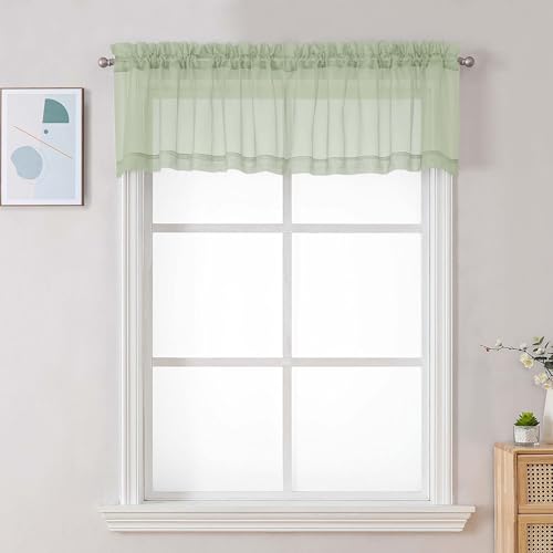 Image of Chyhomenyc Light Green Sheer Valances for Windows - Light Filtering Small Kitchen Curtains, Rod Pocket Short Top Window Treatment Decor for Living Room Bathroom Basement, 42Wx16L inches, 2 Panels