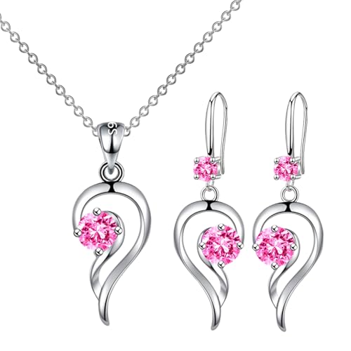 Image of APMGONT Silver Jewellery Sets for Women, Women Crystal Teardrop Necklaces and Earrings Sets, Crystal Women's Jewellery Sets with Zirconia Hook Dangle Earrings Gift for Birthday Christmas (Pink B)